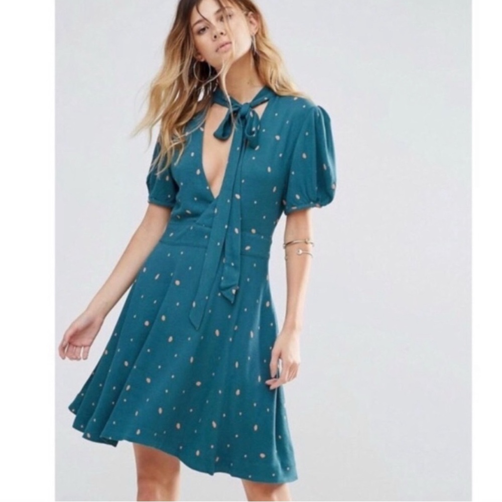 Free People Teal Mini Dress with Gold Dot Print